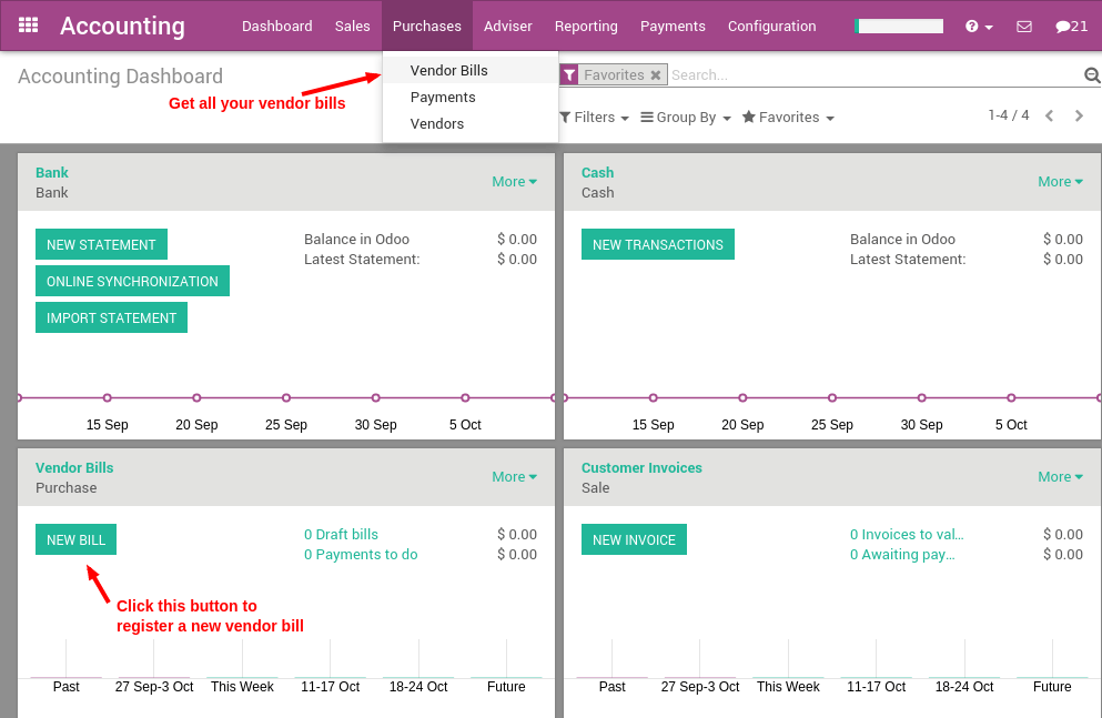 Odoo vendor bill management interface